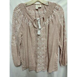 Joie Womans Shirt Top Linen Small Lg Sleeve Pale Pink Embroidered V Neck Boho